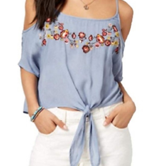 Polly & Esther Tops - Polly & Esther Cold Shoulder Top Blue Floral Knot